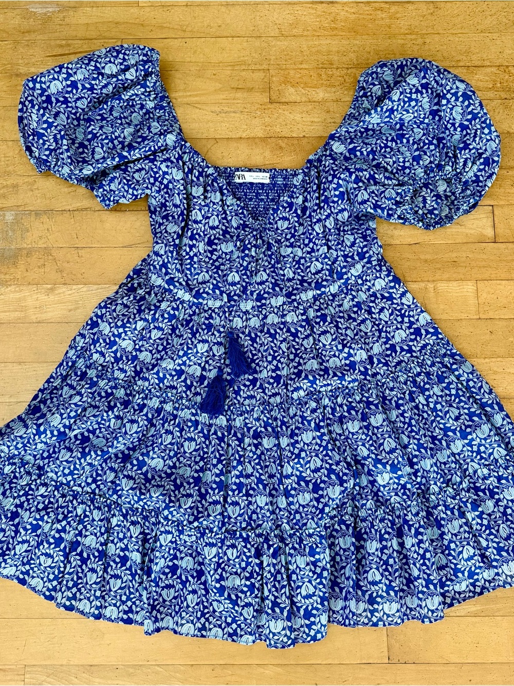 Zara Blue Floral Puff-Sleeve Mini Dress